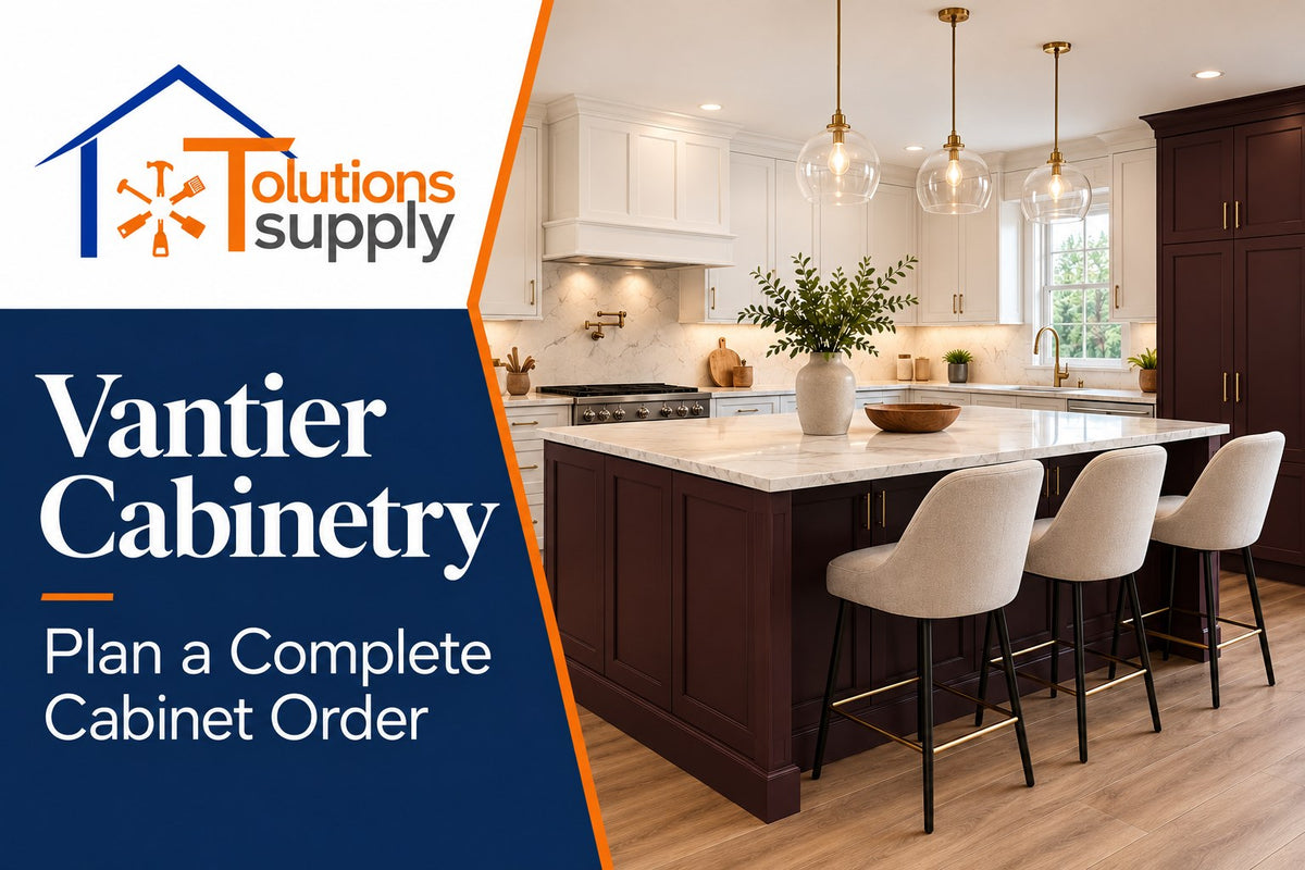 Tolutions Supply logo beside a kitchen with white and dark cabinetry; Vantier Cabinetry cabinet order planning guide.