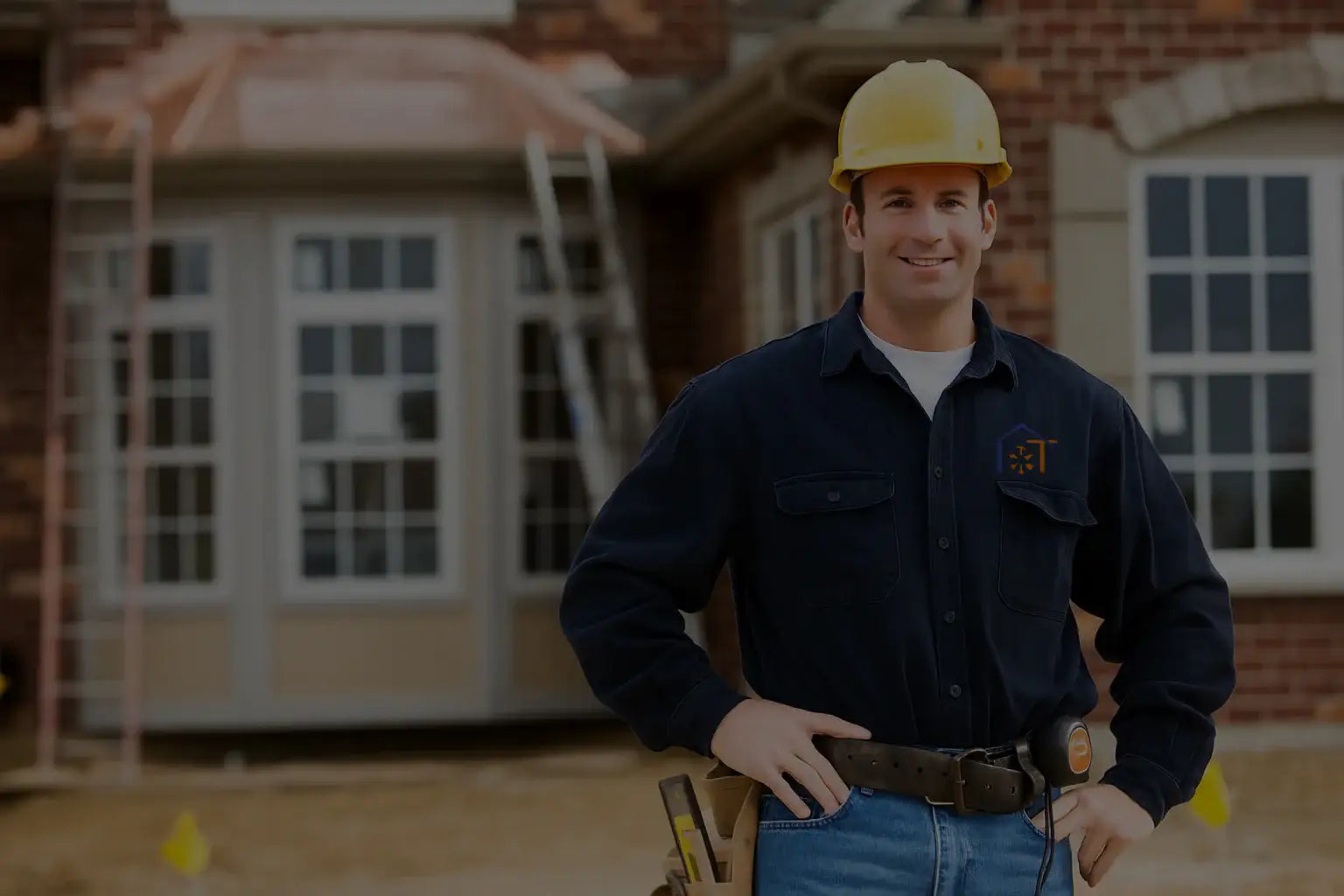Construction worker in hard hat at building site with tools, industrial supplies, and safety gear