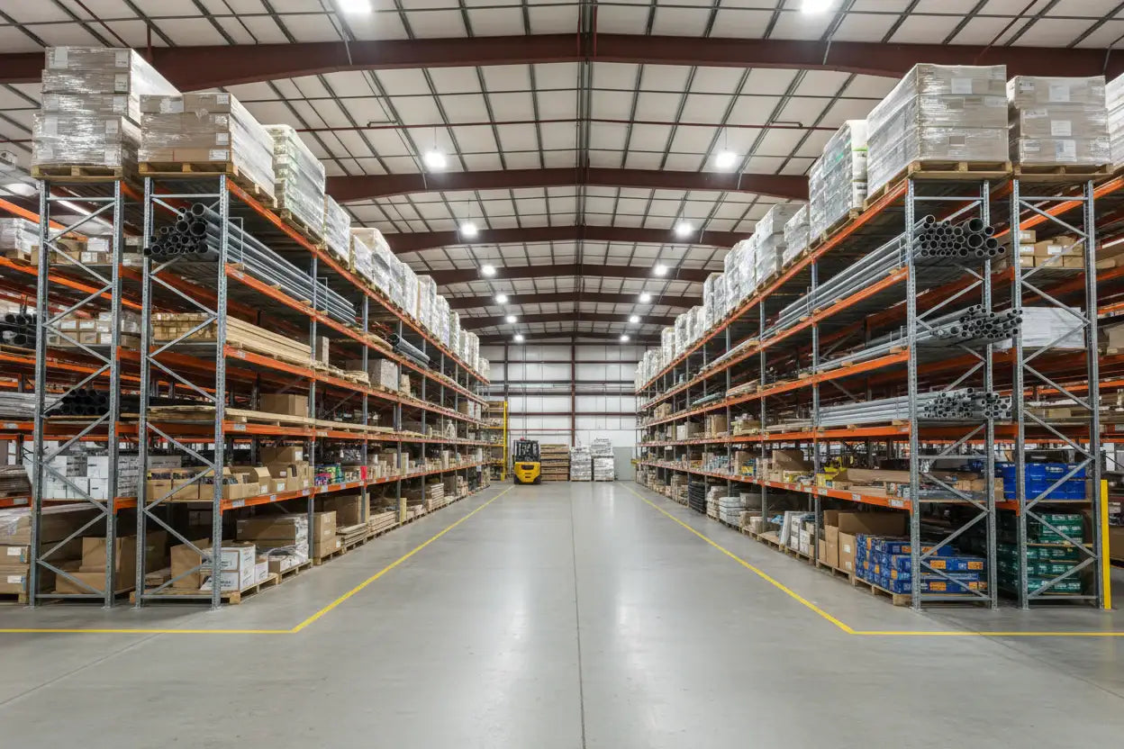 Industrial warehouse with metal shelving stocked with pipes, boxes, and manufacturing supplies, forklift in aisle