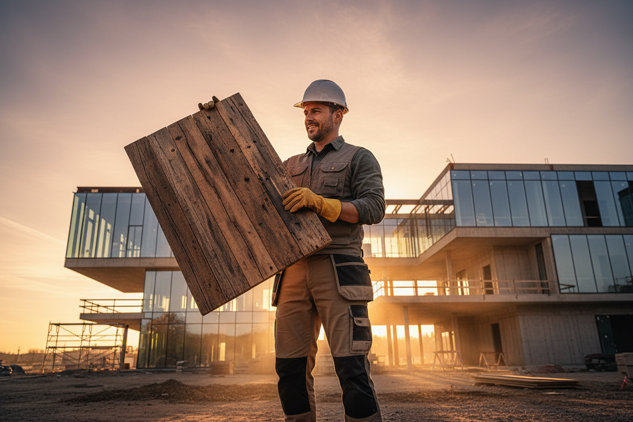 confident contractor at sunset job site examining premium reclaimed wood panel, modern architectural build in background, golden hour lighting, cinematic, ultra-realistic