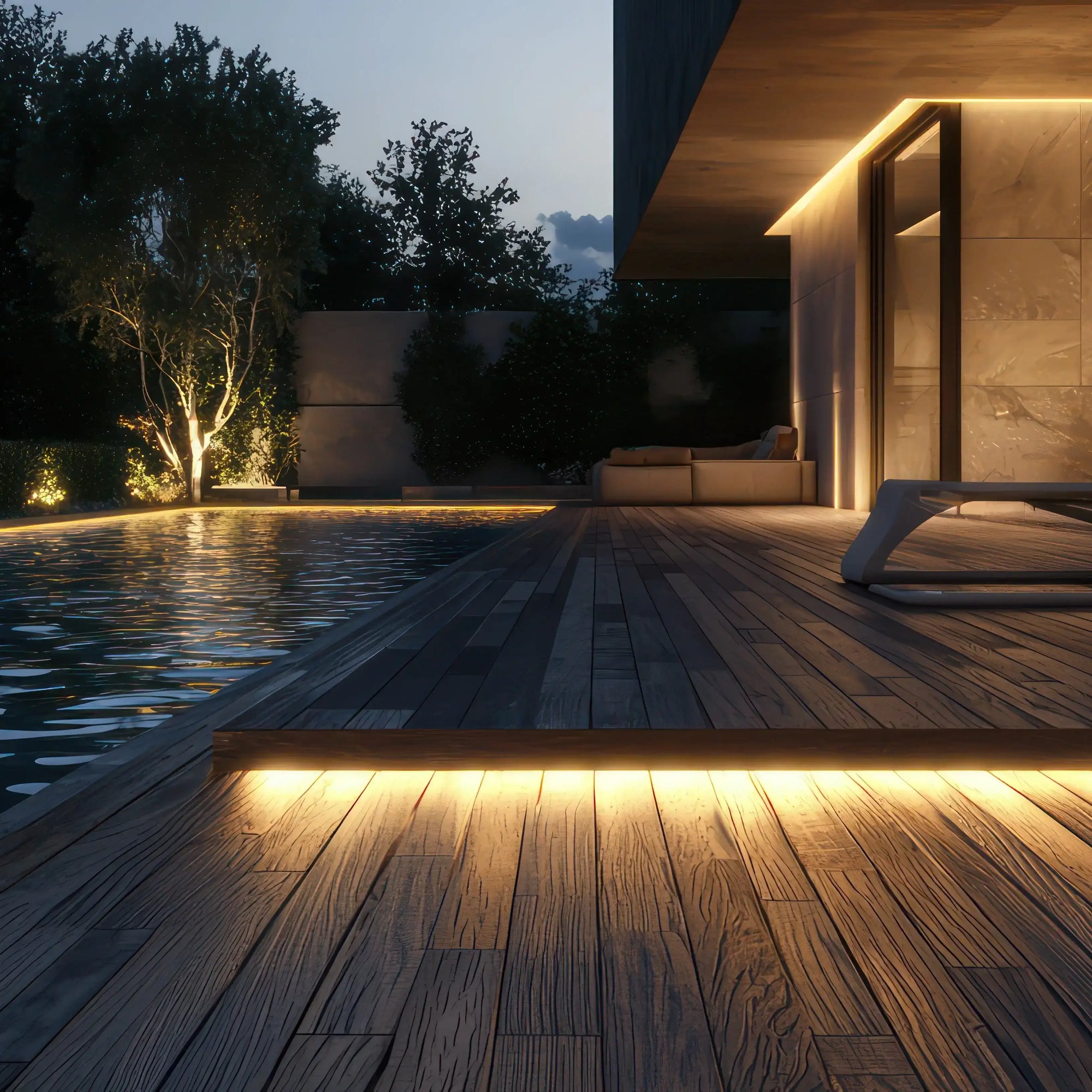 Modern poolside deck with warm LED lighting, wooden flooring, and luxury outdoor lounge at dusk