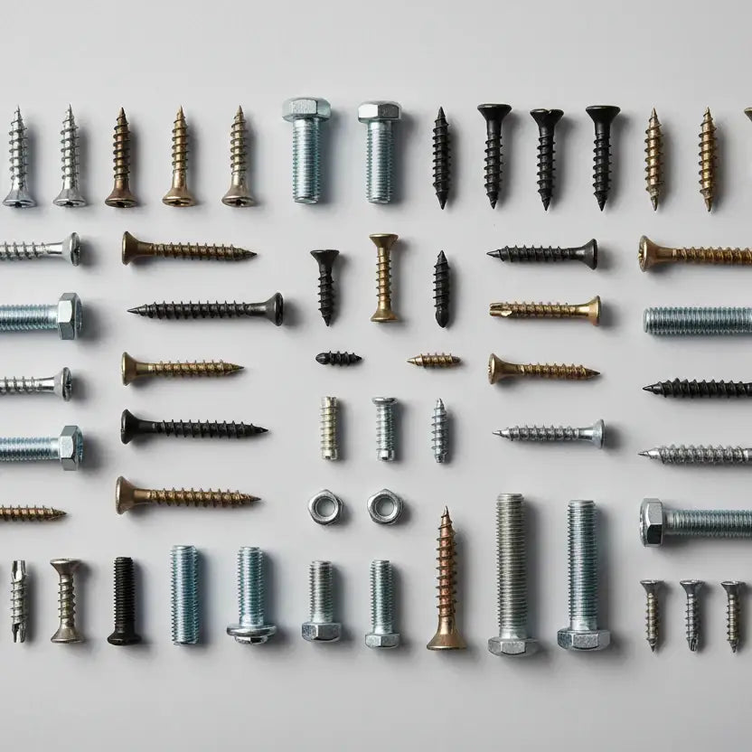 Assorted industrial screws, bolts, and nuts for manufacturing and repair projects