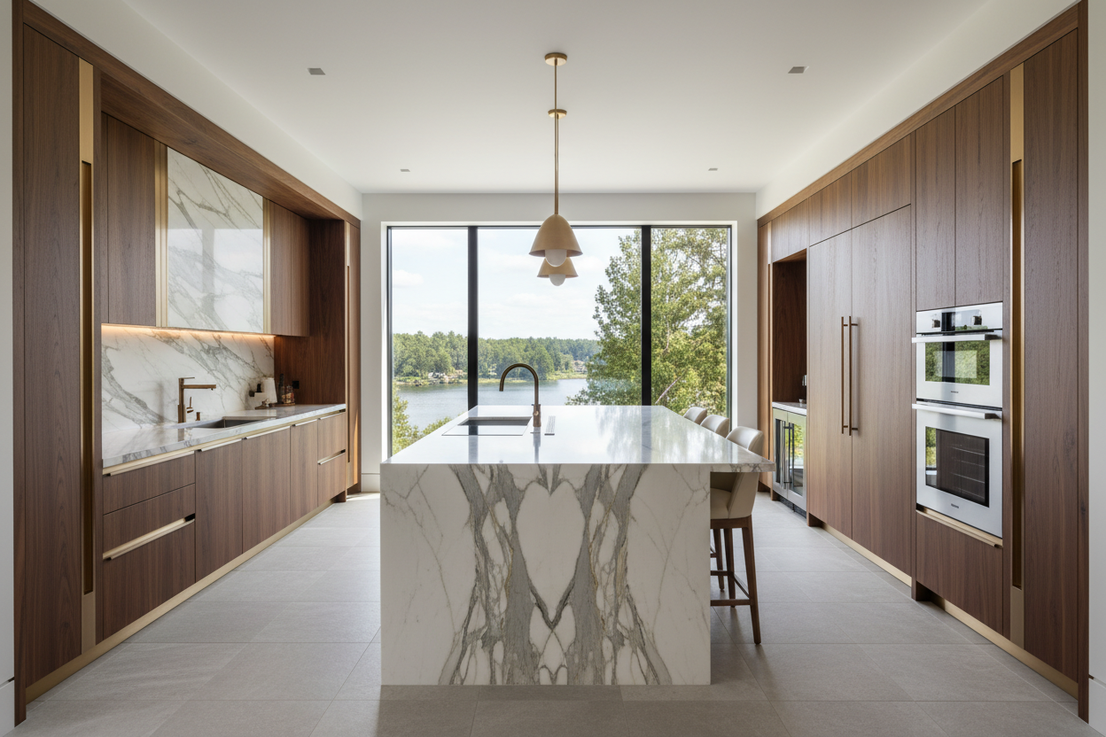 high quality large kitchen, high end home, window looking at a lake, Premium Materials Zero Compromise