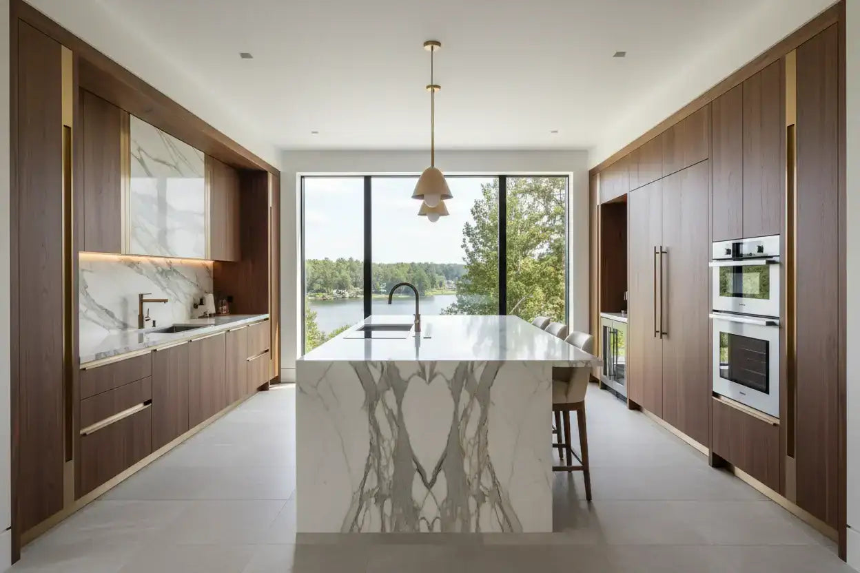 Modern kitchen with marble island, wood cabinets, and lake view through large windows