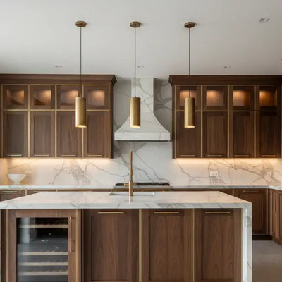 Luxury kitchen with marble countertops, wood cabinets, pendant lights, and wine cooler