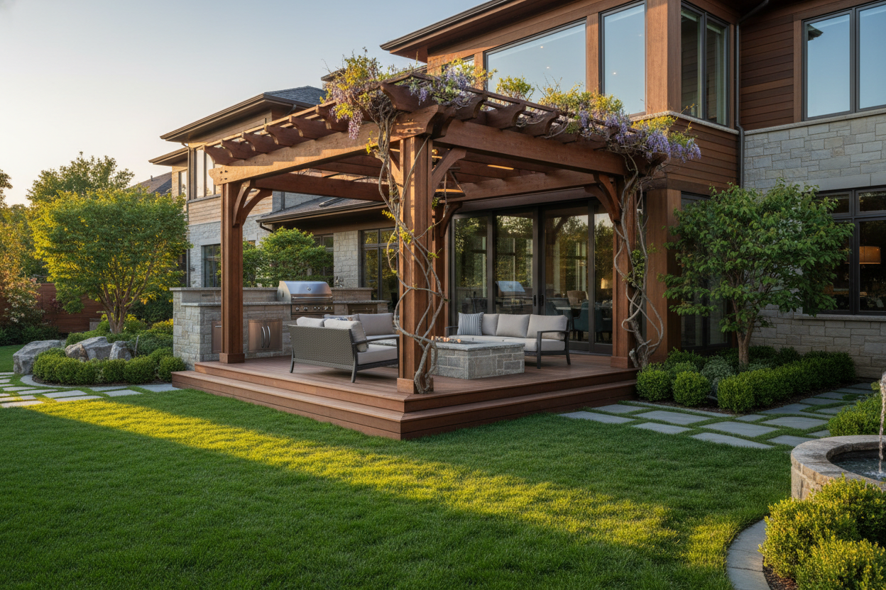 What you need to build better, faster, and longer, the pros choice for building lasting projects. outside of a home, landscaped yard, looking at the high end multi million dollar home, beautiful backyard with a pergola and raised deck as the focal point.