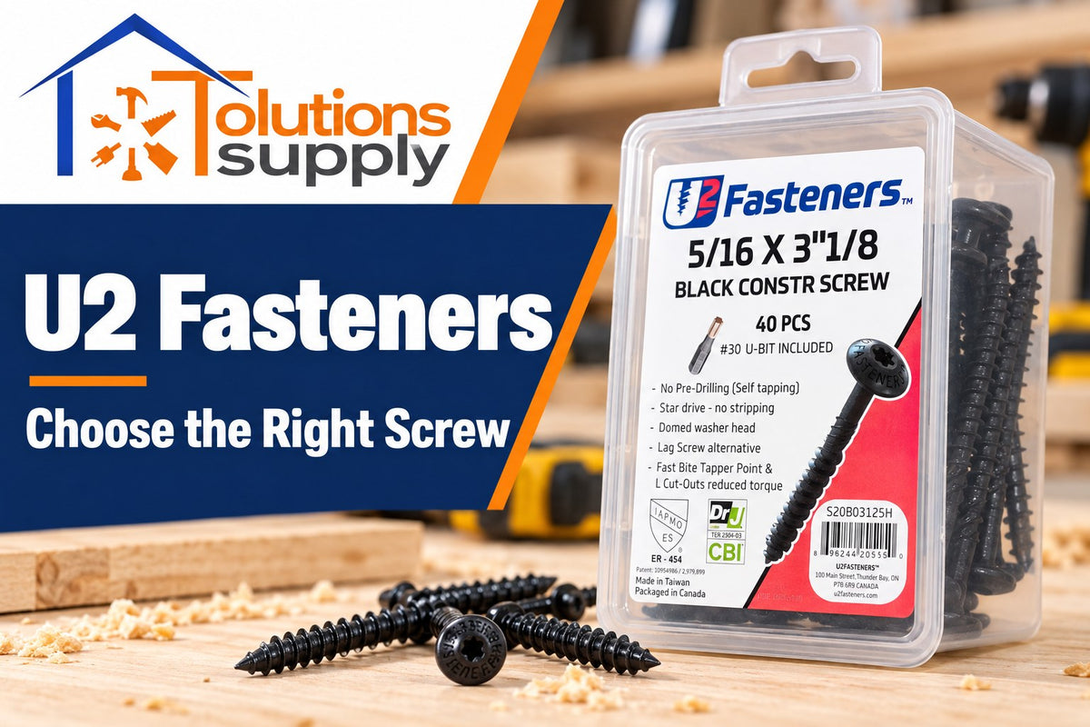 Tolutions Supply logo and U2 Fasteners construction screw package on a workshop surface.