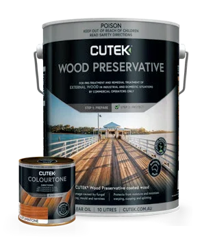 Cutek wood preservative and colourtone cans with wooden deck leading to waterfront gazebo under blue sky