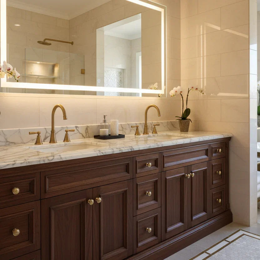 High-end double bathroom vanity with marble countertop, gold faucets, wooden cabinetry, and LED mirror