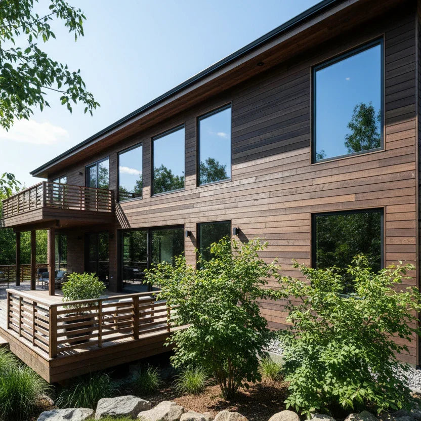 Large multistory home with Kebony wood siding, expansive windows, and elevated Kebony wood deck surrounded by greenery