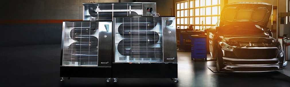 Airrex black industrial heater with visible piping, digital display, WiFi, and wheels, dimensions 101x95x31 cm