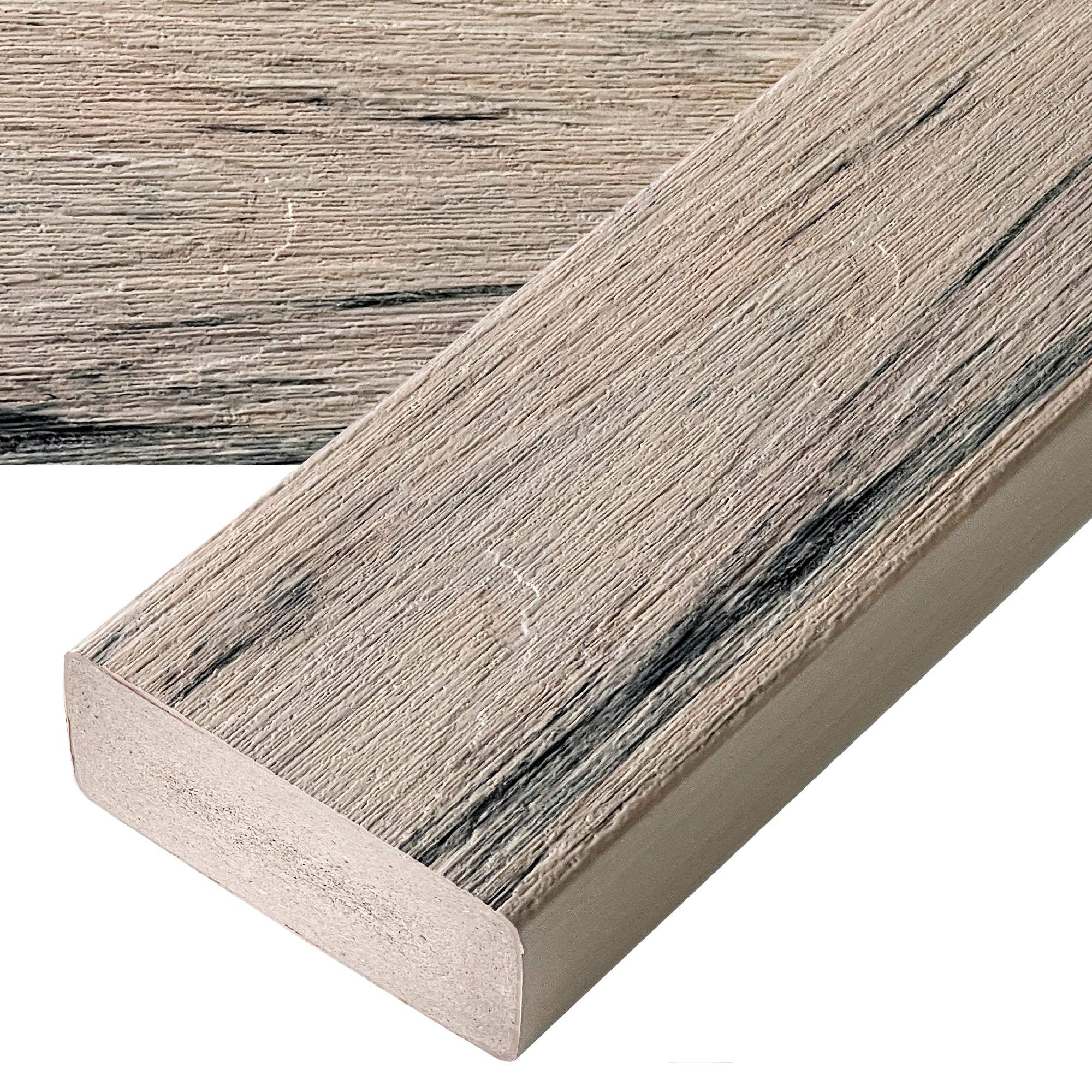 Rustic wood-look industrial trim molding with textured grain finish for manufacturing and construction applications