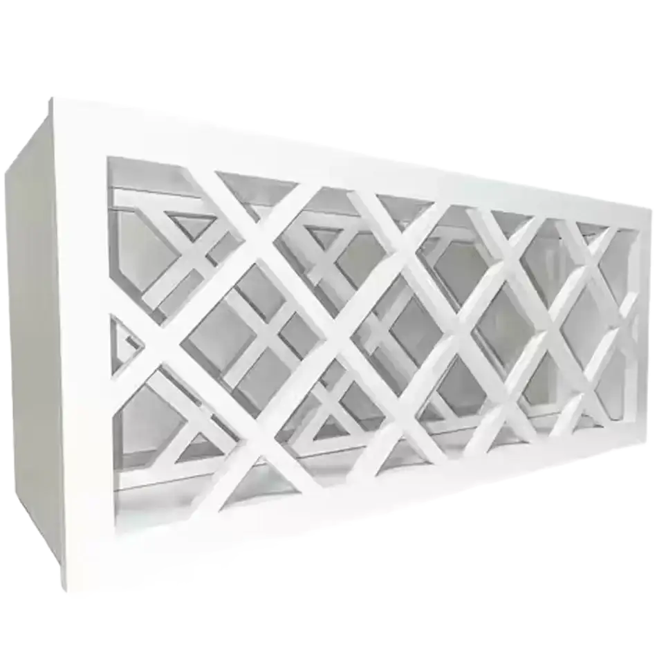 White decorative HVAC vent cover with geometric lattice design for industrial or commercial use