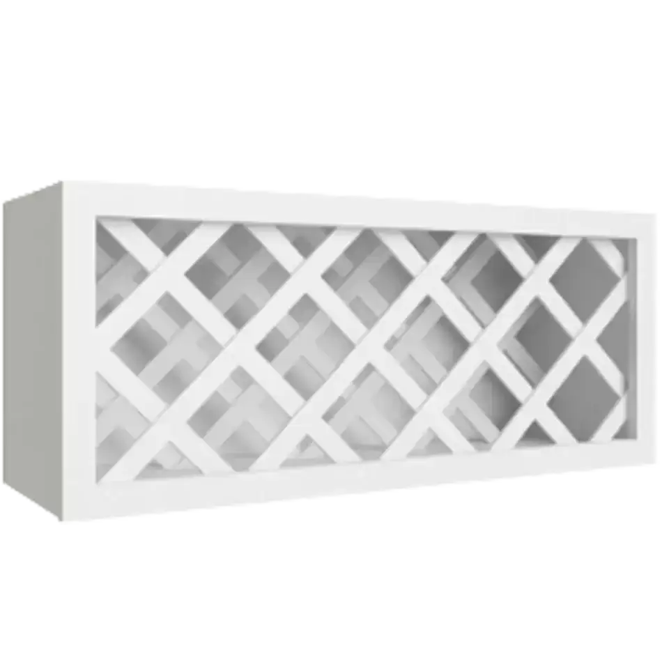 White wall-mounted wine rack with diamond lattice design for bottle storage