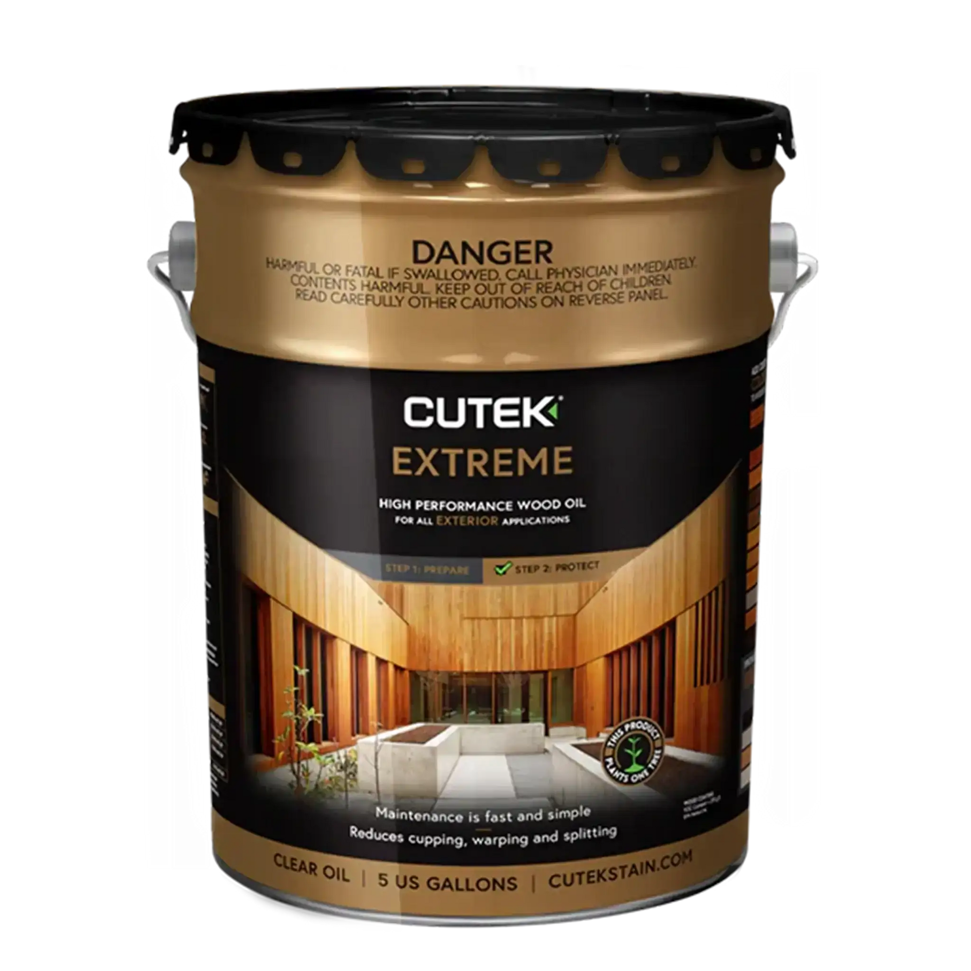 Cutek Extreme high performance wood oil for exterior use, 5-gallon clear oil container