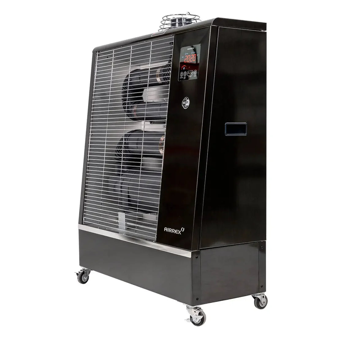 Black industrial Airrex portable heater with digital display and caster wheels