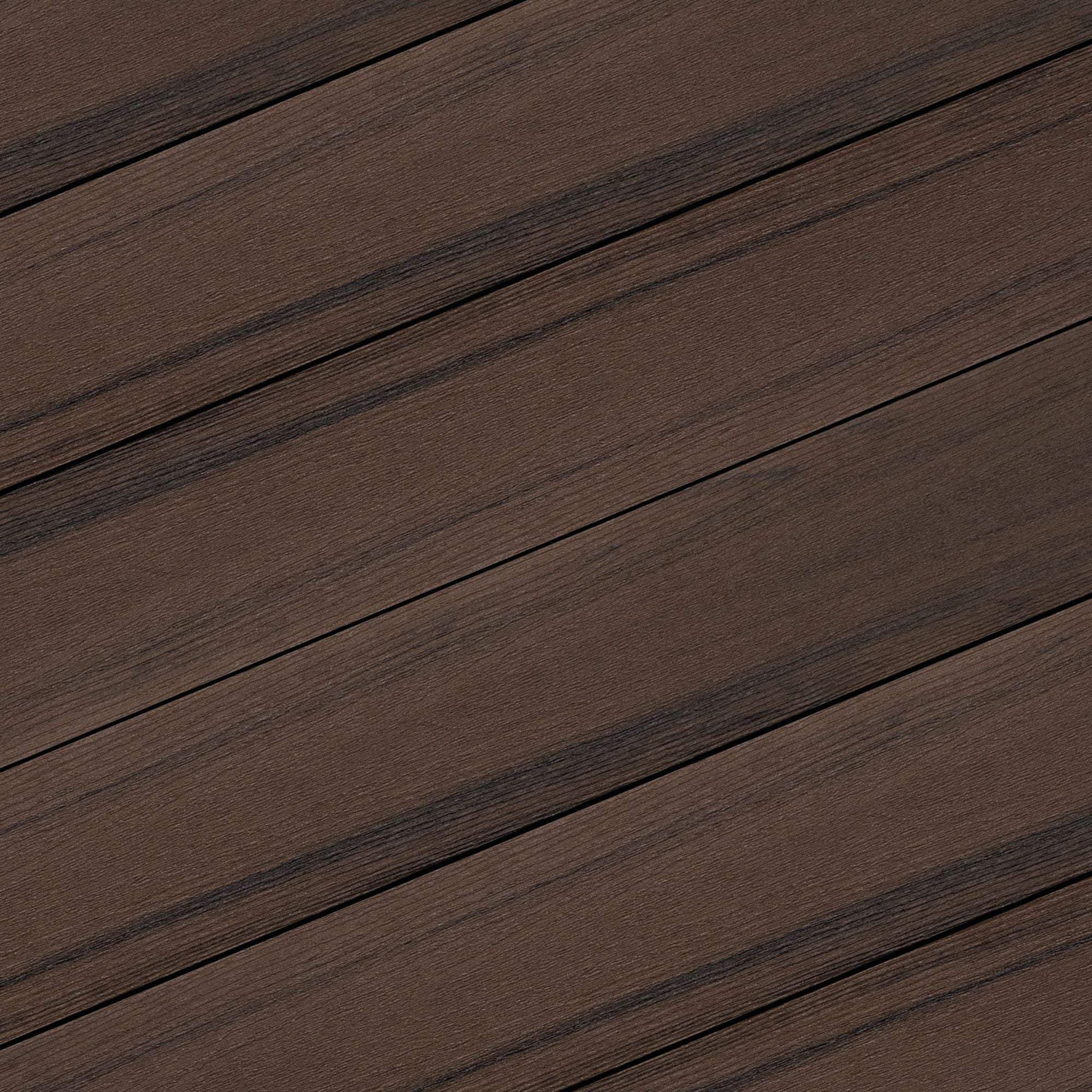 Dark brown wood grain decking planks for outdoor patios and industrial flooring applications