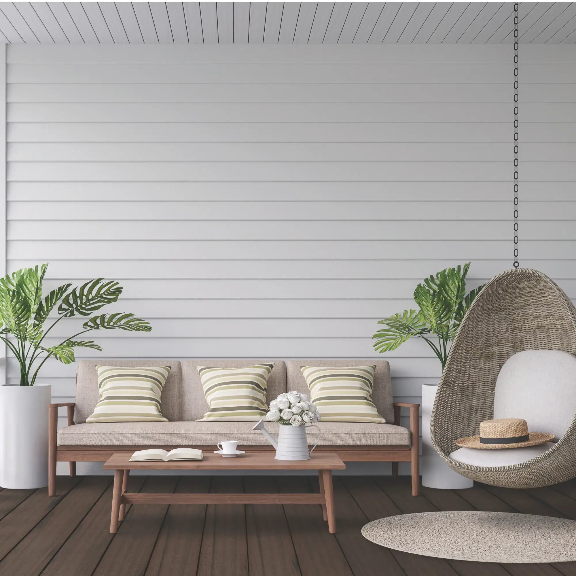 Modern outdoor patio with wooden sofa, hanging wicker chair, and tropical plants on deck
