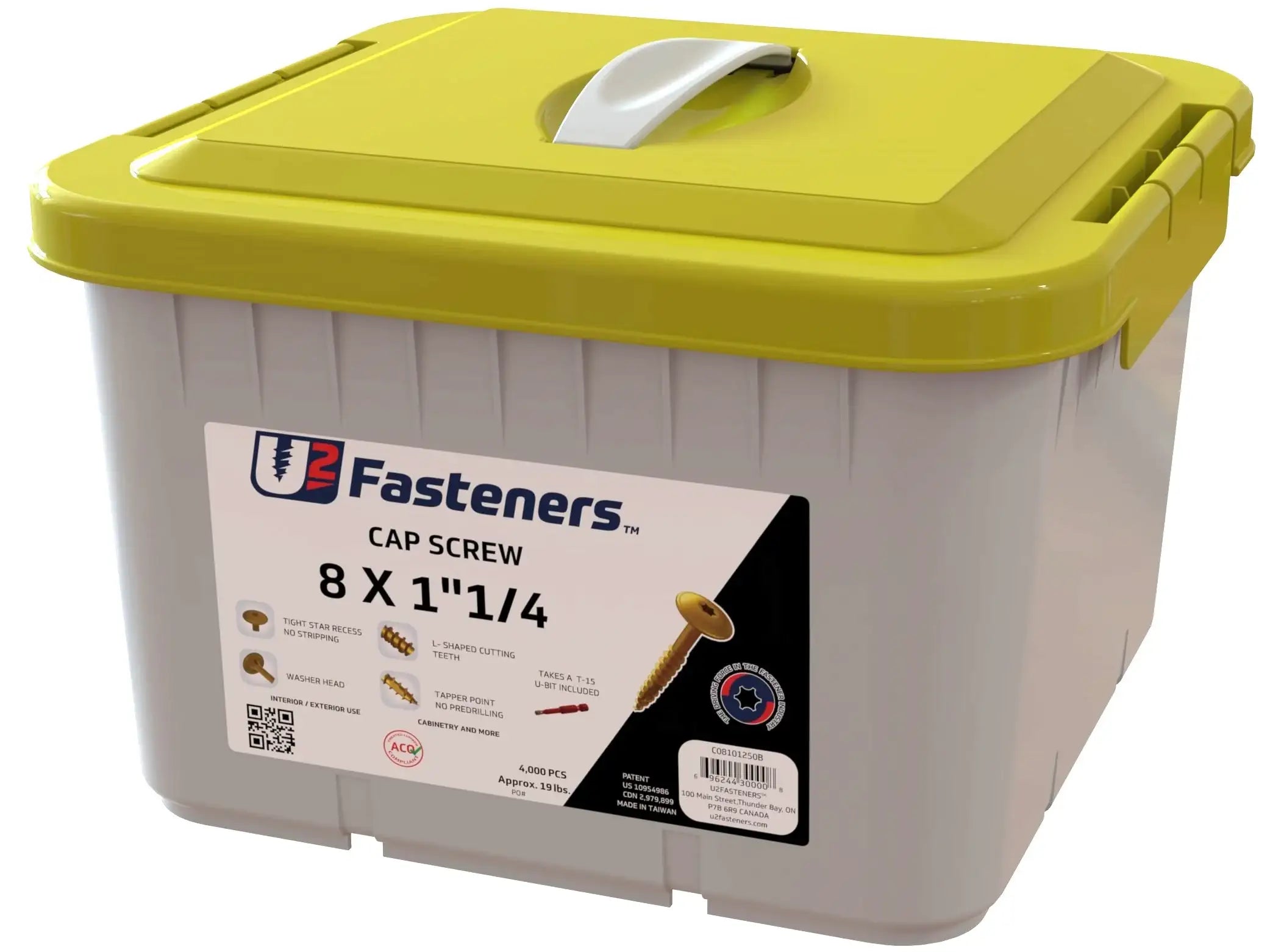 U2 Fasteners 8 x 1-1/4 inch cap screws in bulk container, ideal for cabinetry and industrial use