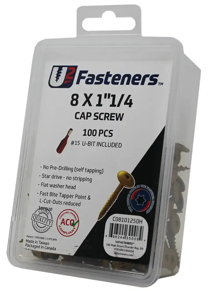 U2 Fasteners 8x1-1/4 inch cap screws, 100 pcs with #15 U-bit, self-tapping industrial hardware