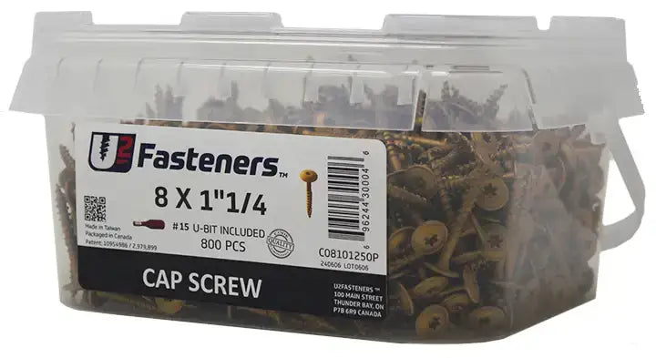 8 x 1-1/4 inch cap screws, 800 pcs in clear container, #15 U-bit included, industrial fasteners for manufacturing