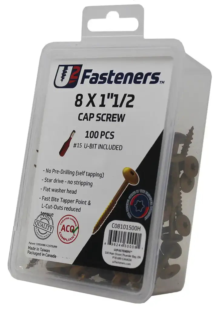 U2 Fasteners 8 x 1-1/2 inch cap screws, 100 pcs with #15 U-bit, self-tapping, flat washer head for industrial use