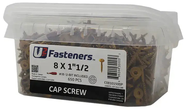 U2 Fasteners 8 x 1-1/2 inch cap screws, 650 pcs in clear container with #15 U-bit included