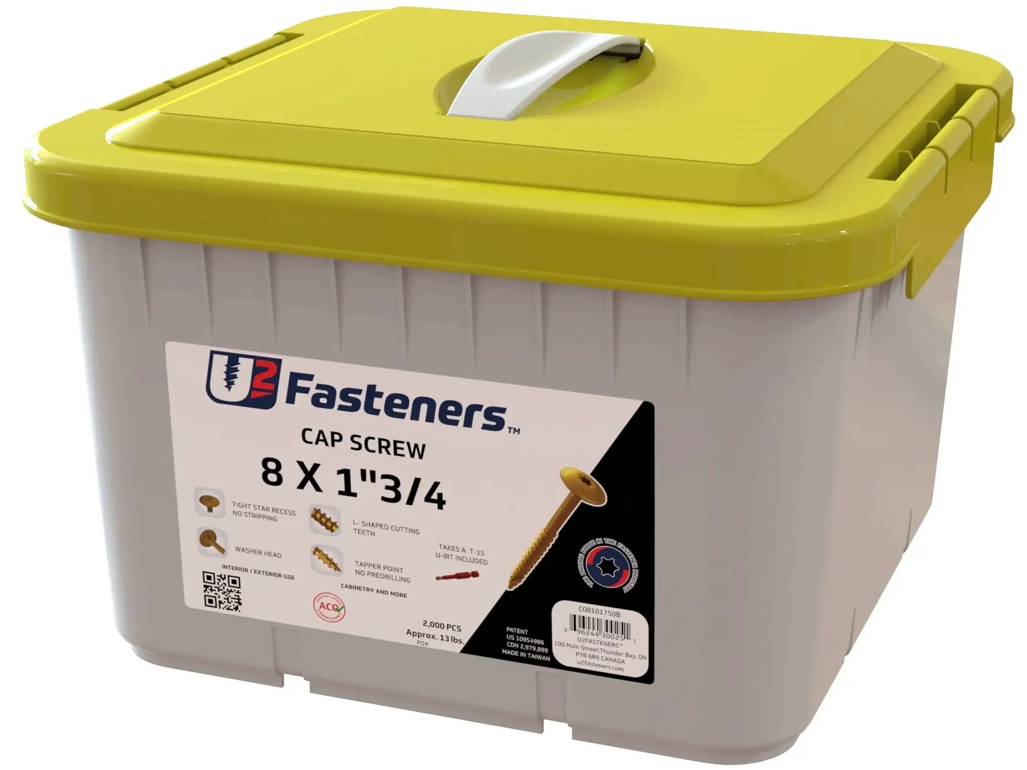 U2 Fasteners 8 x 1-3/4 inch cap screws in bulk container, industrial hardware for cabinetry and construction
