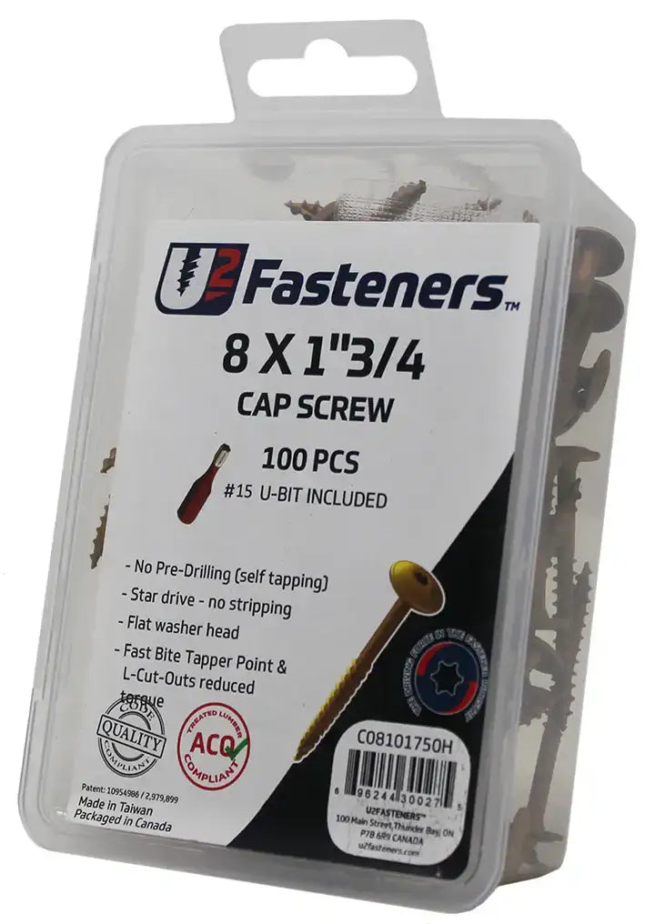 U2 Fasteners 8 x 1-3/4 inch cap screws, 100 pcs with #15 U-bit, self-tapping industrial hardware