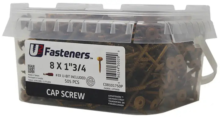 505 pcs #15 U-bit cap screws, 8 x 1-3/4 inch, in clear plastic container for industrial fastening needs