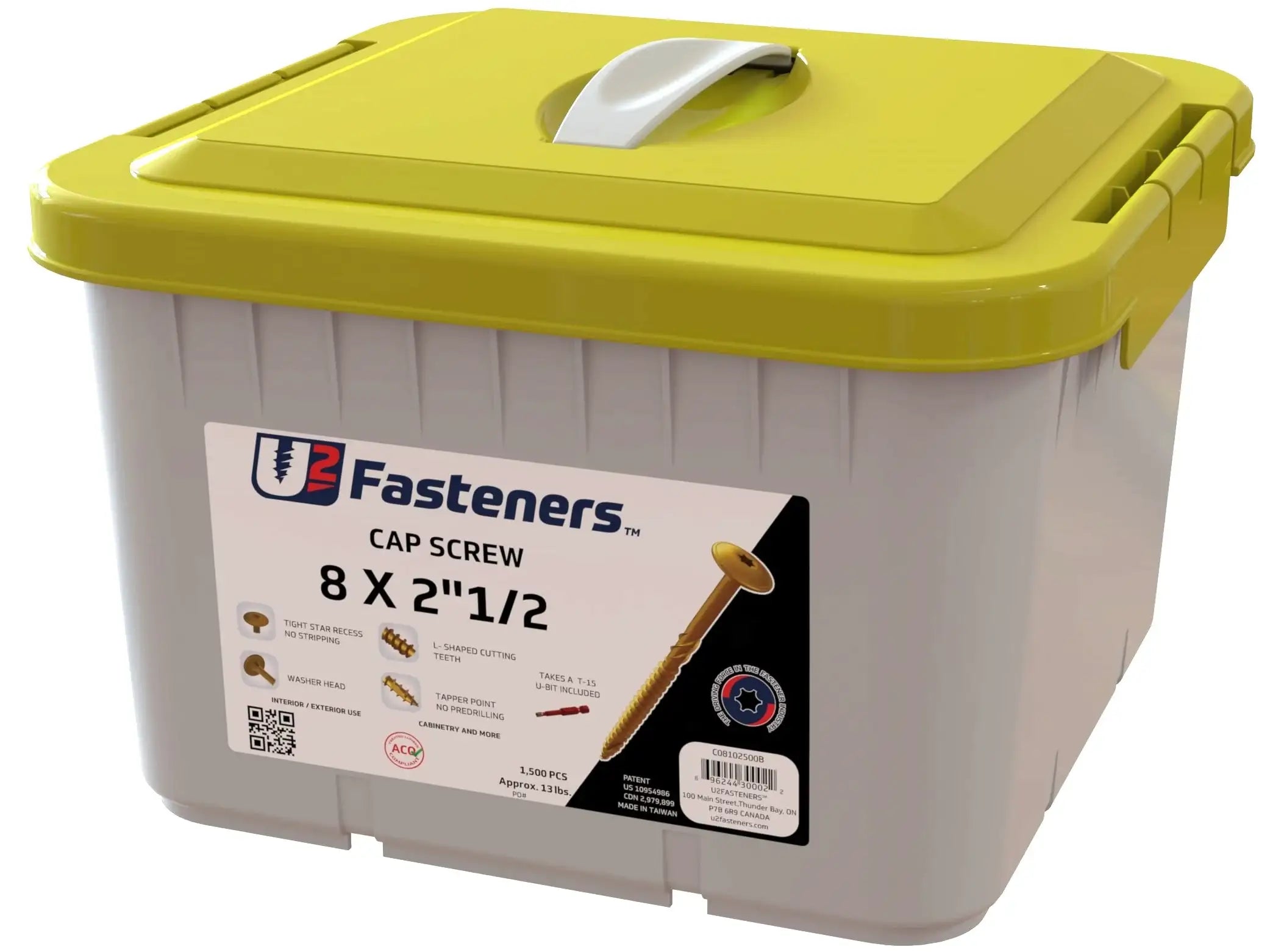 U2 Fasteners 8 x 2-1/2 inch cap screws in bulk storage bin, ideal for cabinetry and industrial use