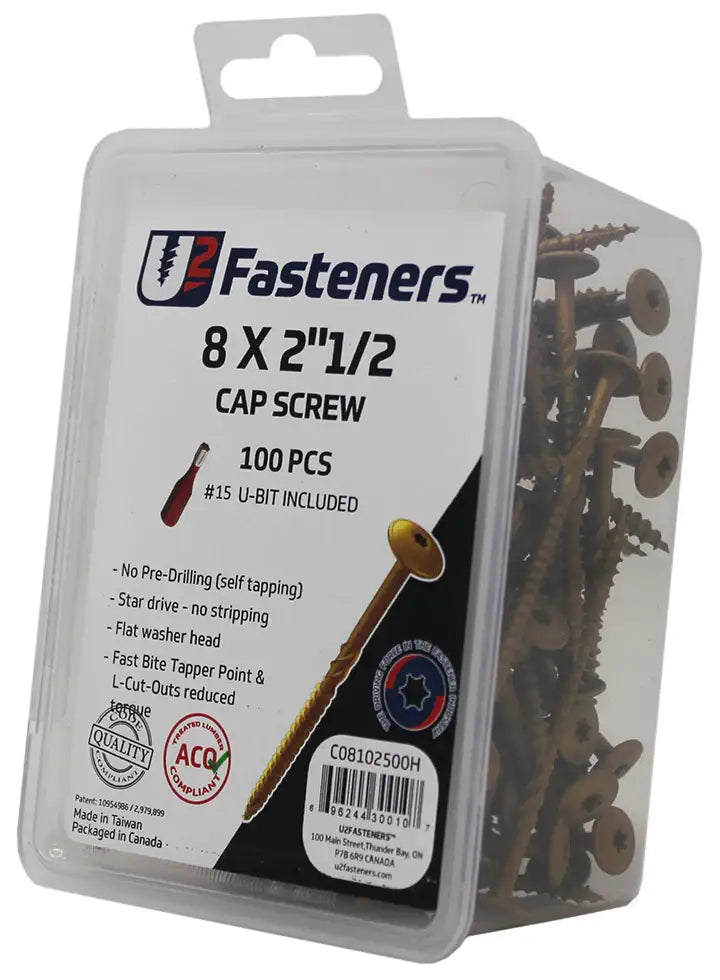 U2 Fasteners 8x2.5" cap screws, 100 pcs with #15 U-bit, self-tapping, flat washer head, industrial hardware