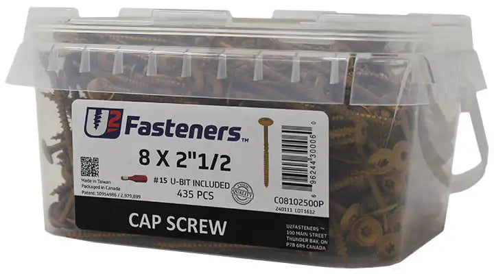 8 x 2-1/2 inch cap screws in clear container, 435 pcs, U-bit included – industrial fasteners for manufacturing