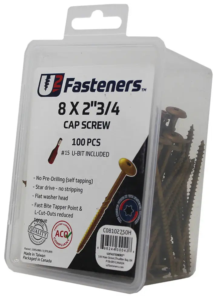 U2 Fasteners 8 x 2-3/4 inch cap screws, 100 pcs, self-tapping, star drive, flat washer head, #15 U-bit included