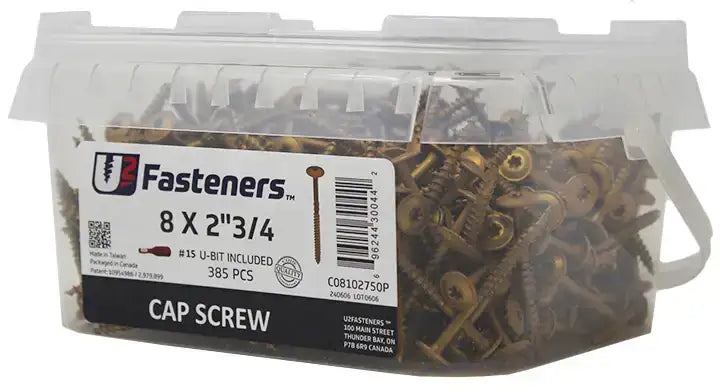 8 x 2-3/4 inch cap screws in clear plastic tub, 385 pcs, #15 U-bit included — industrial fasteners for manufacturing