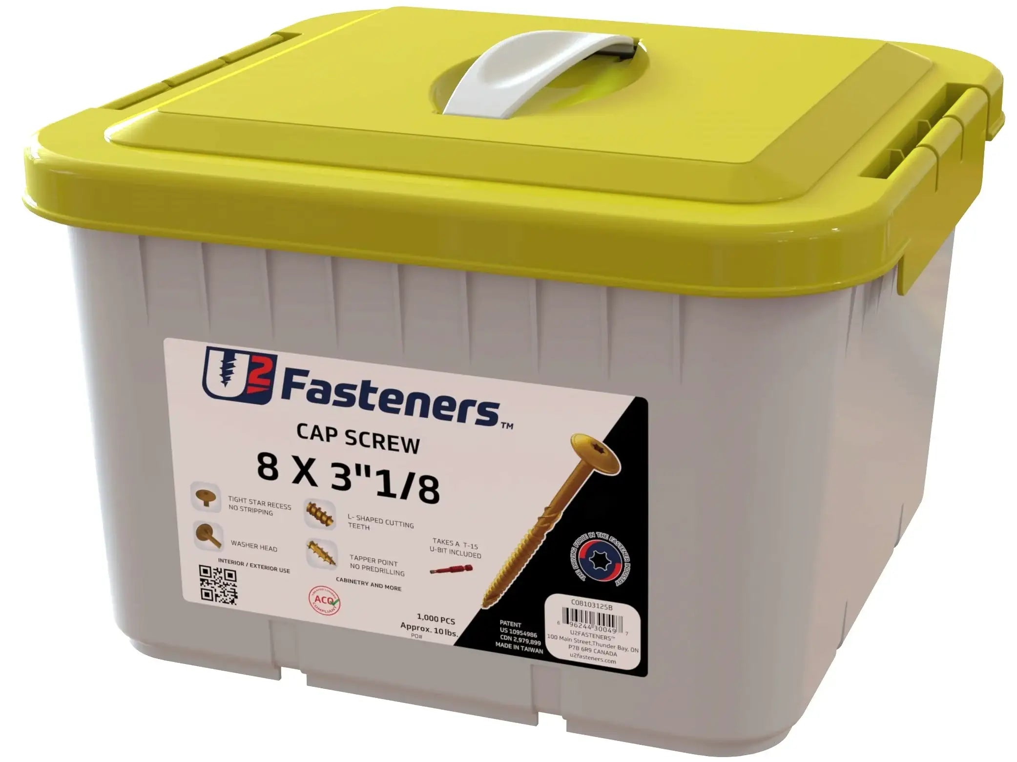 U2 Fasteners cap screws 8 x 3-1/8 inch, 1000 pcs in yellow-lidded bin for industrial use