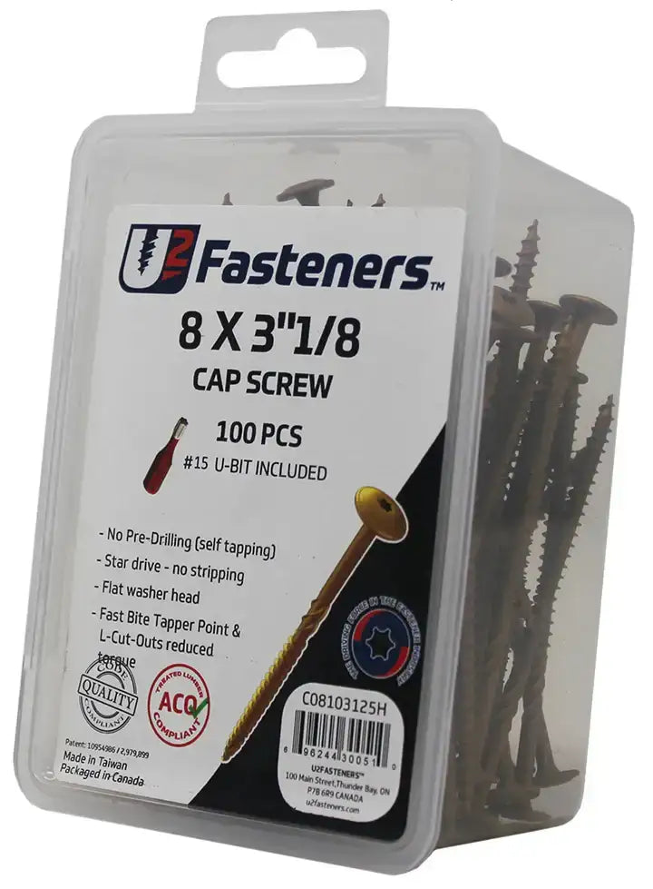 U2 Fasteners 8 x 3-1/8 inch cap screws, 100 pcs, self-tapping, star drive, flat washer head, includes #15 U-bit