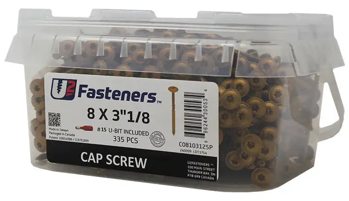 8 x 3-1/8 inch cap screws in clear container, 335 pcs, includes #15 U-bit, industrial fasteners for manufacturing
