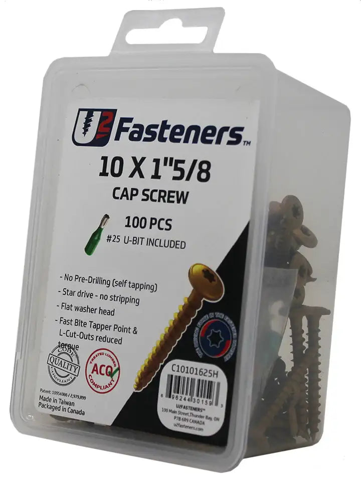 10 x 1-5/8 inch cap screws, 100 pcs with U-bit driver, self-tapping industrial fasteners for manufacturing