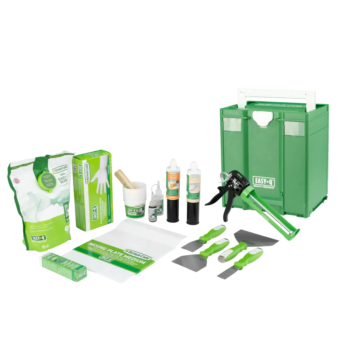 Contractor starter pack with gloves, wipes, adhesives, mixing tools, and green supply box