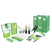 Contractor starter pack with gloves, wipes, adhesives, mixing tools, and green supply box
