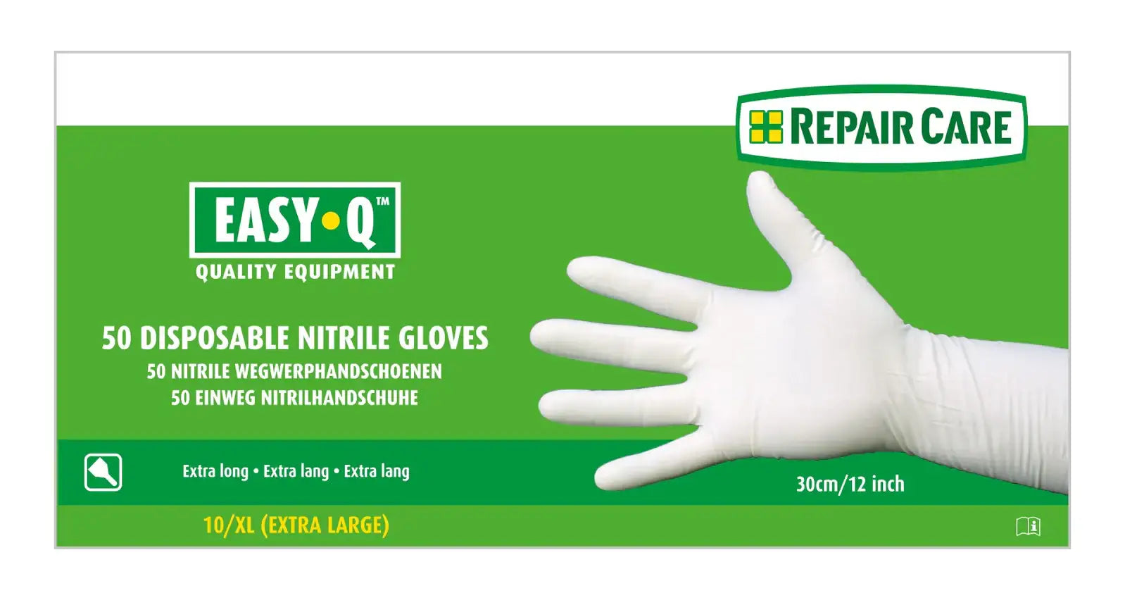 Box of extra large disposable nitrile gloves, white glove on hand, green background