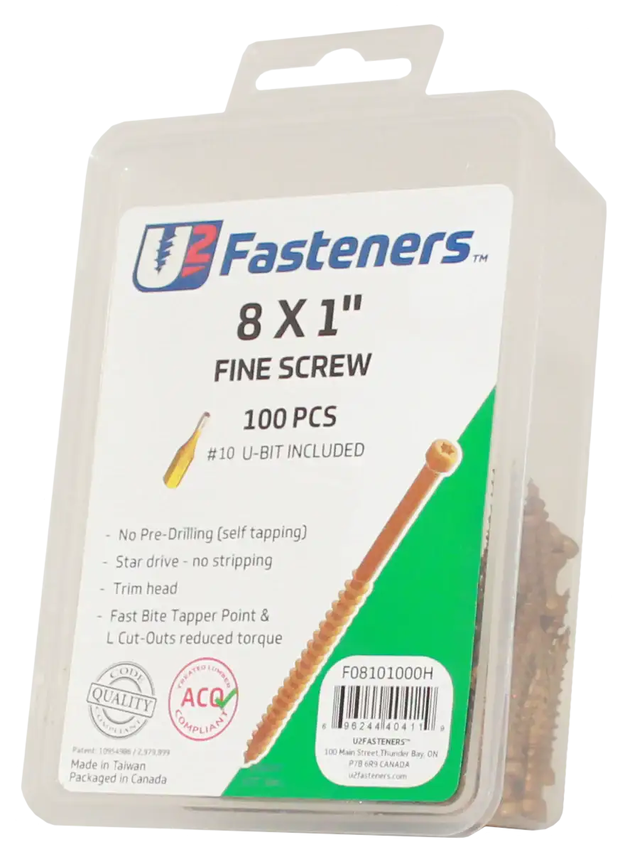 U2 Fasteners 8x1 inch fine screws, 100 pcs with #10 U-bit, self-tapping industrial hardware for manufacturing