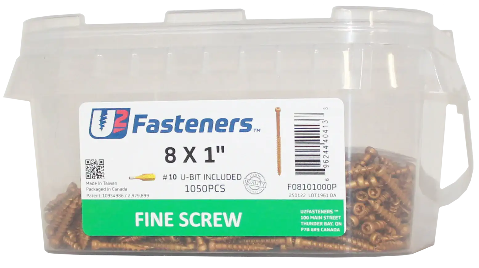 U2 Fasteners 8 x 1 inch fine screws, 1050 pcs bulk pack with #10 U-bit included for industrial use