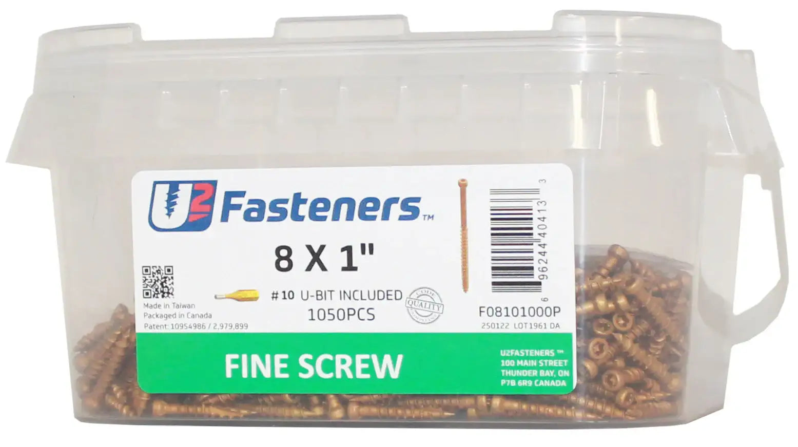U2 Fasteners 8x1 inch fine screws, 1050 pcs with #10 U-bit, industrial hardware supply