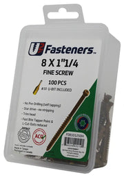 U2 Fasteners 8 x 1-1/4 inch fine screws, 100 pcs with #10 U-bit, self-tapping, star drive, trim head for industrial use