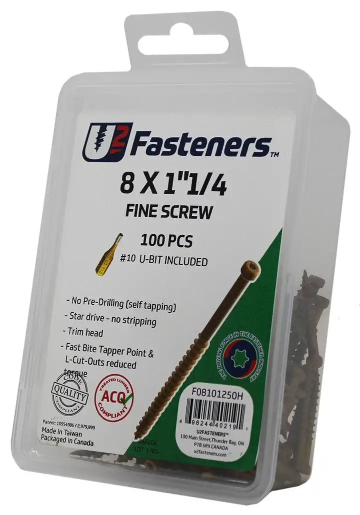 U2 Fasteners 8 x 1-1/4 inch fine screws, 100 pcs with #10 U-bit, self-tapping, star drive, trim head for industrial use