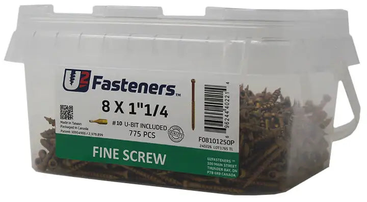 8 x 1-1/4 inch fine screws in clear container, 775 pcs, includes #10 U-bit, industrial fasteners for manufacturing
