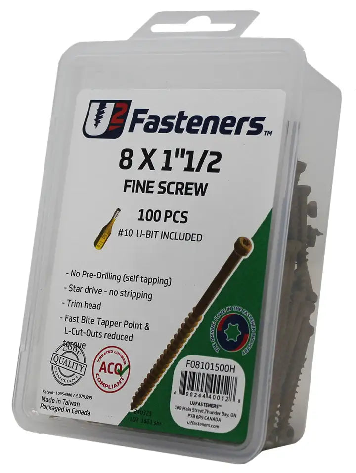 U2 Fasteners 8 x 1-1/2 inch fine screws, 100 pcs with #10 U-bit, self-tapping industrial hardware