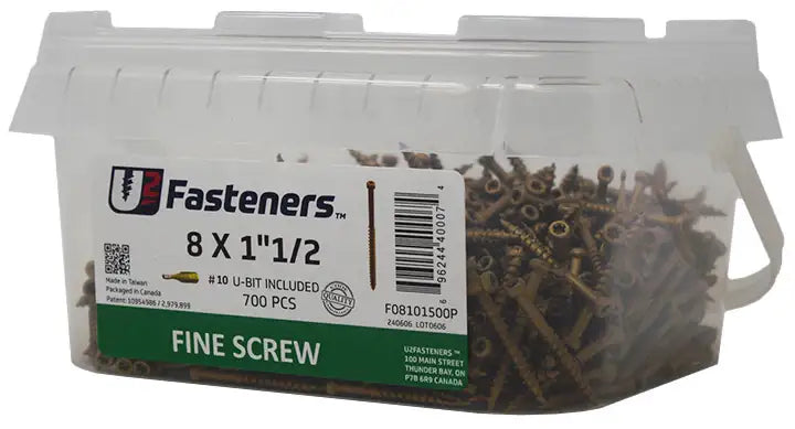 8 x 1-1/2 inch fine screws in clear container, #10 U-bit included, 700 pcs for industrial fastening applications